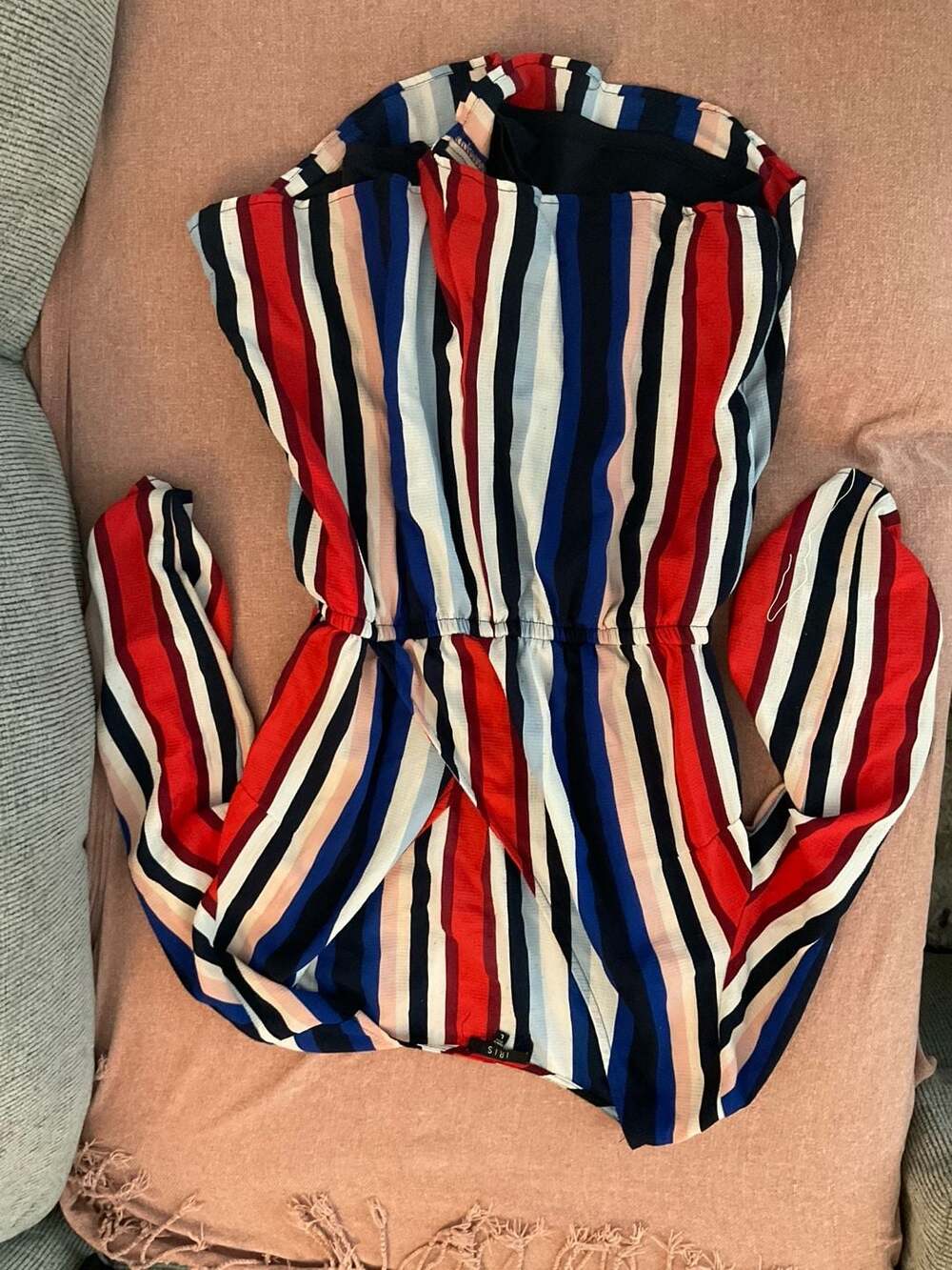 IRIS Multi-Color Vertical Striped Long Sleeve Off-the-Shoulder Romper